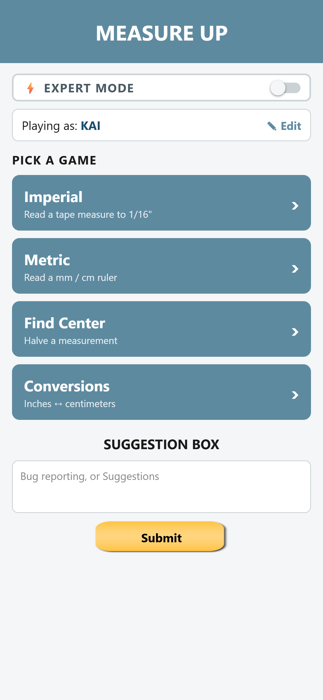 Measure Up app home screen, showing the four game modes