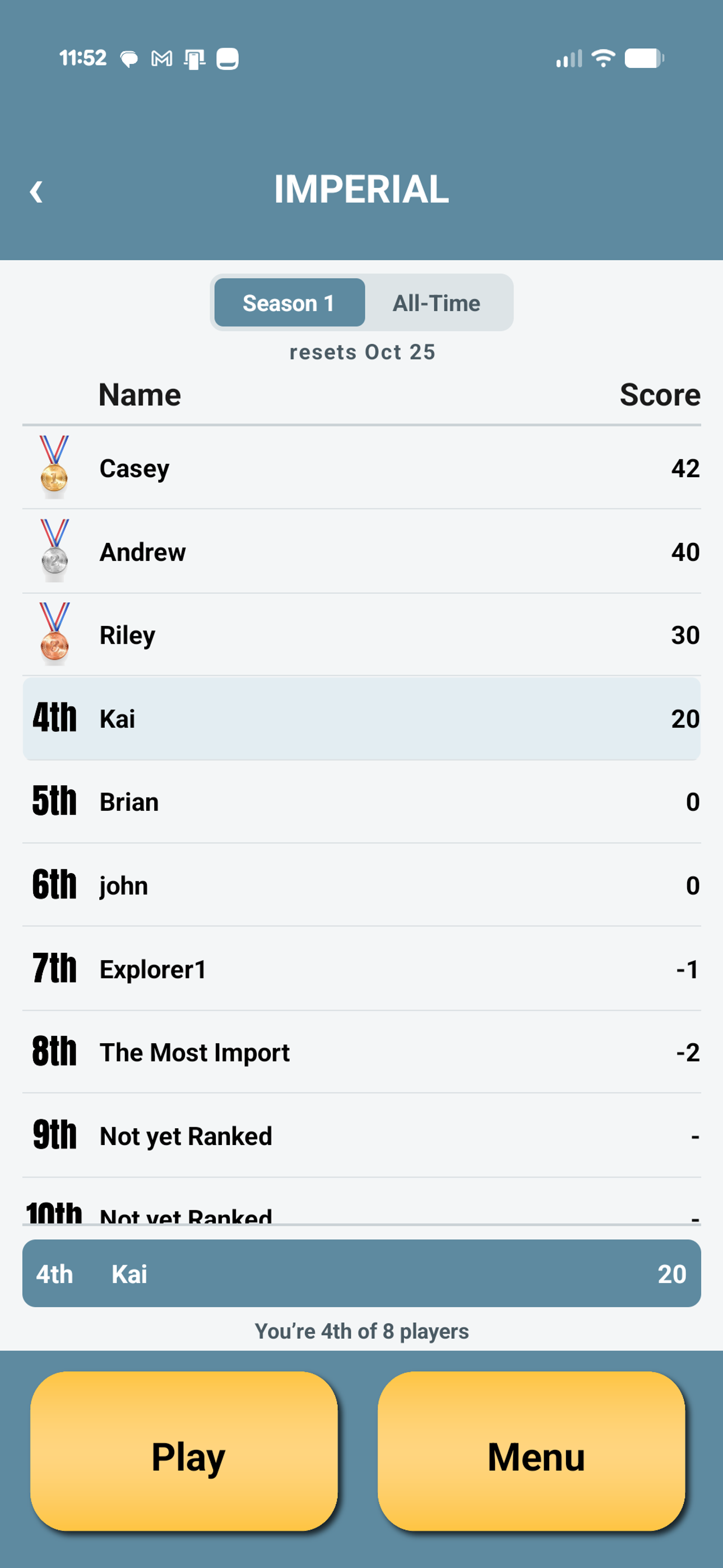 Measure Up app leaderboard with medal rankings