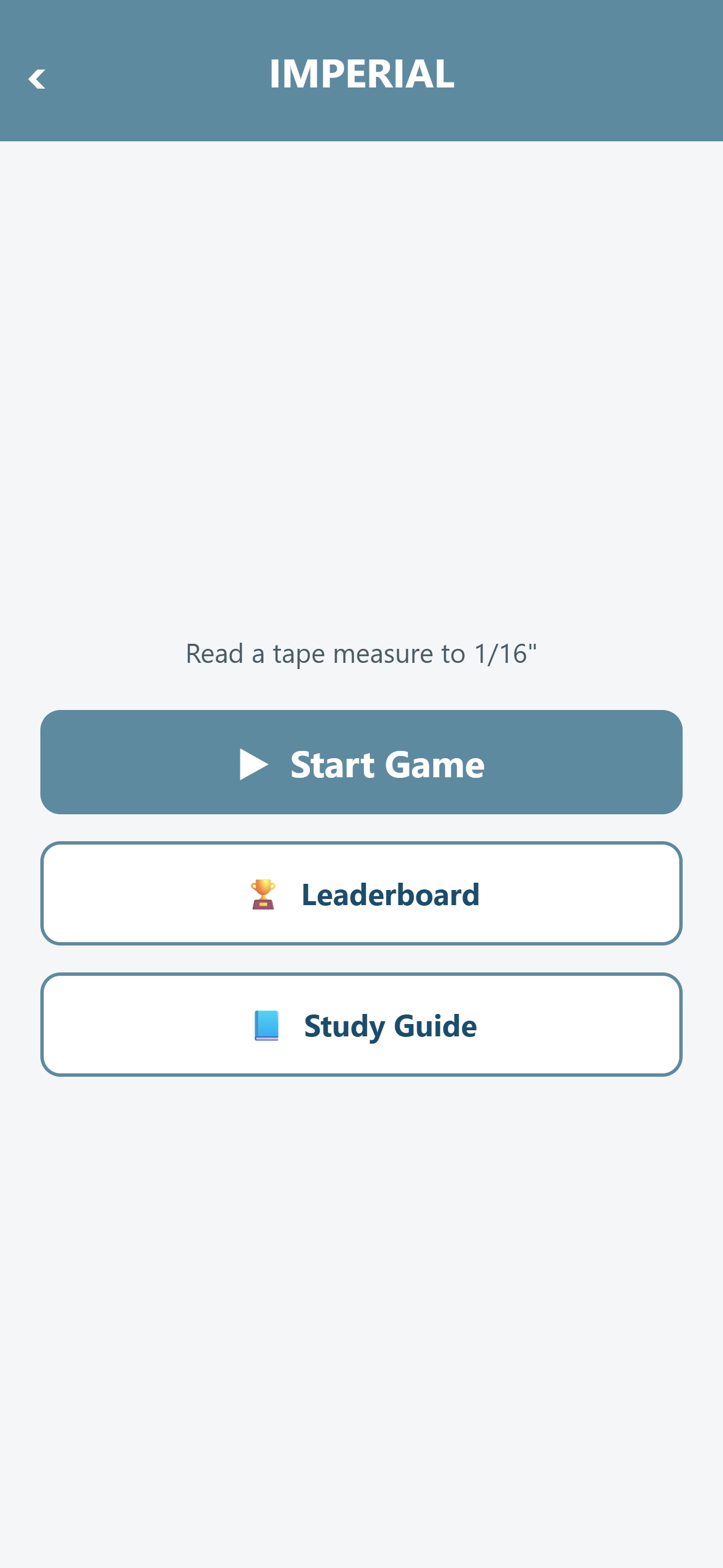 Measure Up app mode screen with Start Game, Leaderboard, and Study Guide
